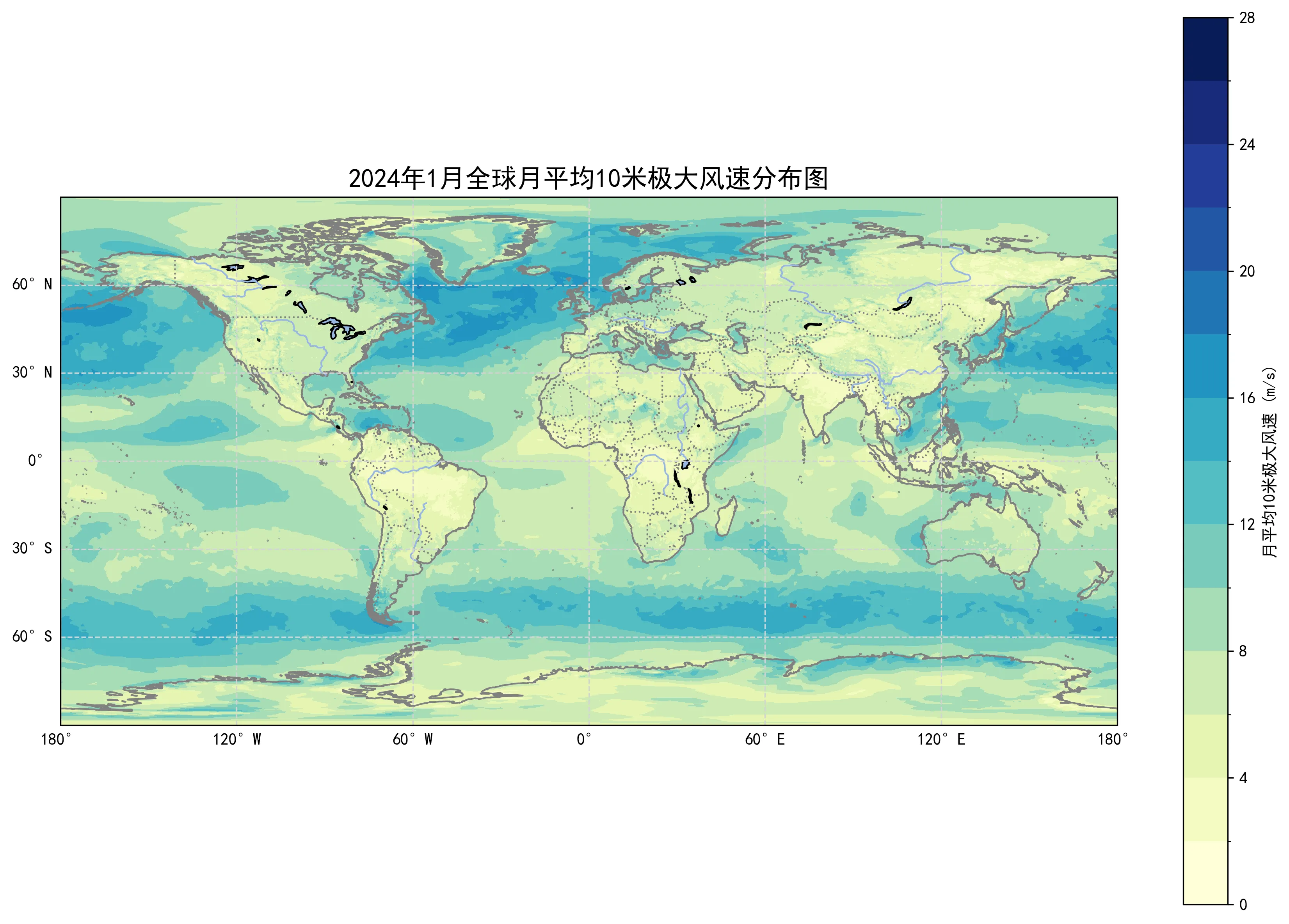 2024 年 1 月全球月平均 10 米极大风速分布图